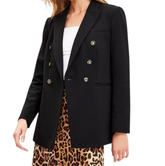 LOFT Blazer Jacket Women's 4 Black Double Breasted Gold Buttons Career Preppy - Picture 2 of 11